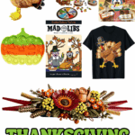 Collage of fun Thanksgiving gifts for boys, including turkey toys, board games, fidget toys, Mad Libs, and festive T-shirts.