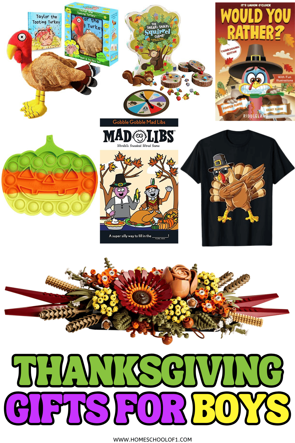 Collage of fun Thanksgiving gifts for boys, including turkey toys, board games, fidget toys, Mad Libs, and festive T-shirts.
