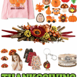 A collage of Thanksgiving gifts for girls including a pink “Love My Family” shirt, a fall-themed sewing kit with felt animals and pumpkins, a floral centerpiece, turkey headbands, festive dresses, a turkey keychain, and a family tree bracelet.