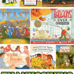 Collage of Thanksgiving picture books for kids, including titles like Balloons Over Broadway and Sharing the Bread.