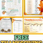 Free printable Thanksgiving word games collage with word search, word scramble, scattergories, feast frenzy, and words within words activities.