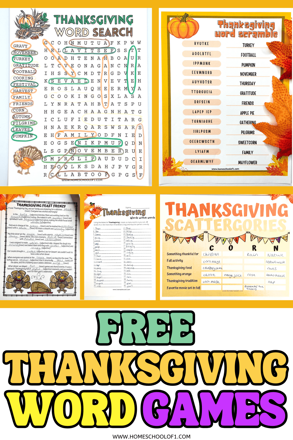 Free printable Thanksgiving word games collage with word search, word scramble, scattergories, feast frenzy, and words within words activities.
