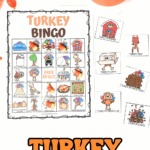 Free printable turkey bingo game board with candy corn markers and colorful calling cards, fun Thanksgiving activity for kids.