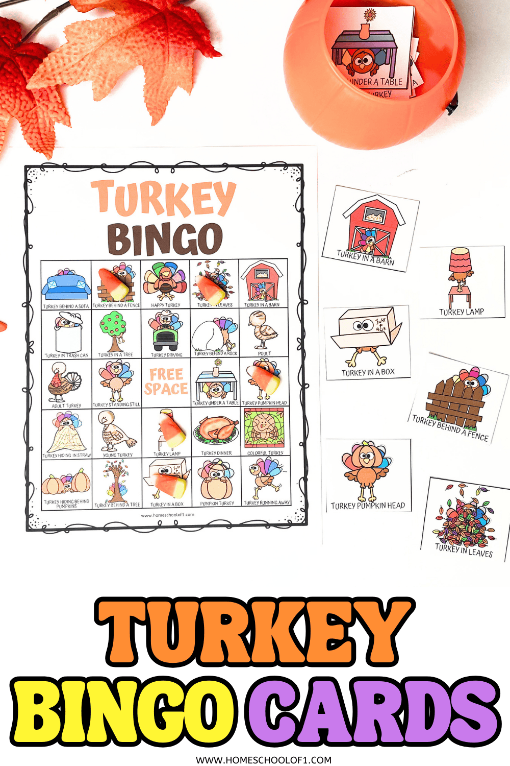 Free printable turkey bingo game board with candy corn markers and colorful calling cards, fun Thanksgiving activity for kids.