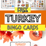 Collection of free turkey bingo cards and calling cards with candy corn markers, Thanksgiving printable game for kids.