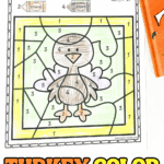 Simple turkey color by number printable for preschoolers using five colors, including purple, orange, yellow, green, and brown.