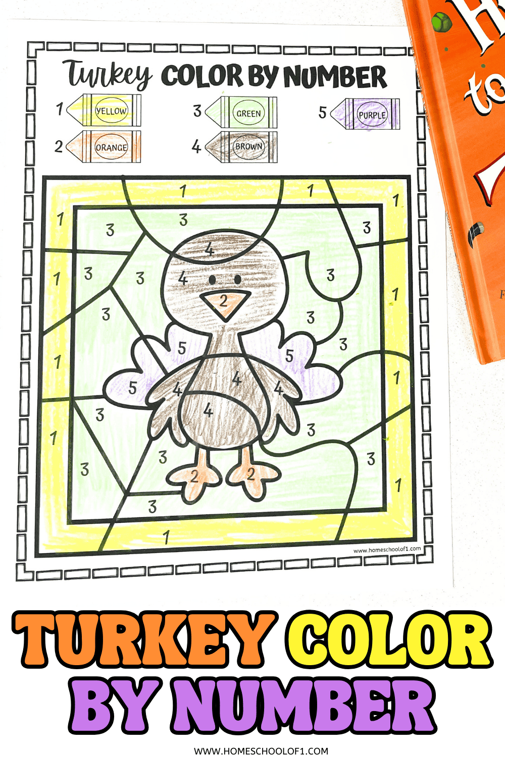 Simple turkey color by number printable for preschoolers using five colors, including purple, orange, yellow, green, and brown.