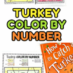 Two turkey color by number worksheets for Thanksgiving, one simple and one detailed, placed side by side with crayons and fall leaves.