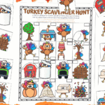 Free printable turkey hunt scavenger game with cut-out cards and a colorful grid board for kids.