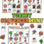 Printable turkey scavenger hunt game for kids featuring colorful turkeys hidden in fun spots like barns, trees, and under tables.