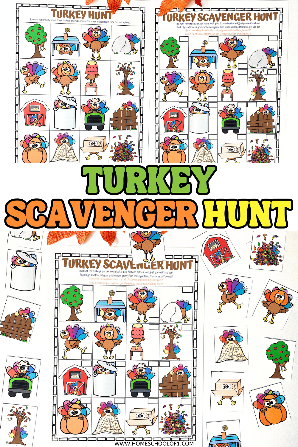 Printable turkey scavenger hunt game for kids featuring colorful turkeys hidden in fun spots like barns, trees, and under tables.