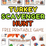 Turkey scavenger hunt printable game with turkeys hidden in barns, cars, trees, and other silly spots.