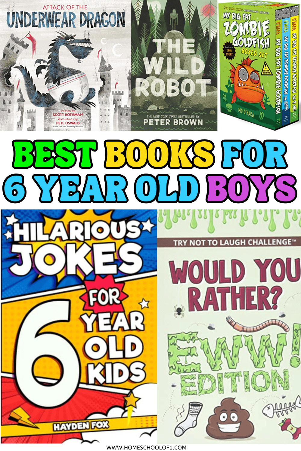 best books for 6 year old boy surrounded by attack of the underwear dragon, the wild robot, my big fat zombie goldfish boxset, hilarious jokes for 6 year old kids, and would you rather? ewww edition!