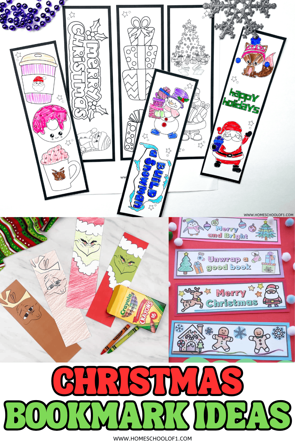 Free printable Christmas bookmarks to color featuring Santa, snowmen, cocoa, gifts, and festive messages.

