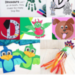 Letter D activities for preschoolers including dinosaur crafts, dog crafts, dragon coloring pages, bird puppets, and alphabet worksheets.