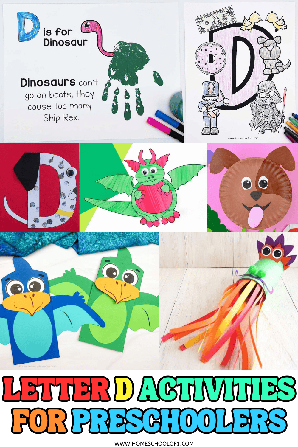 Letter D activities for preschoolers including dinosaur crafts, dog crafts, dragon coloring pages, bird puppets, and alphabet worksheets.