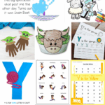 Collage of preschool letter Y activities including a handprint yacht craft, Baby Yoda handprint art, yak headband, yarn craft, yoga pose chart, tracing sheets, and yellow-themed letter hunt worksheet.