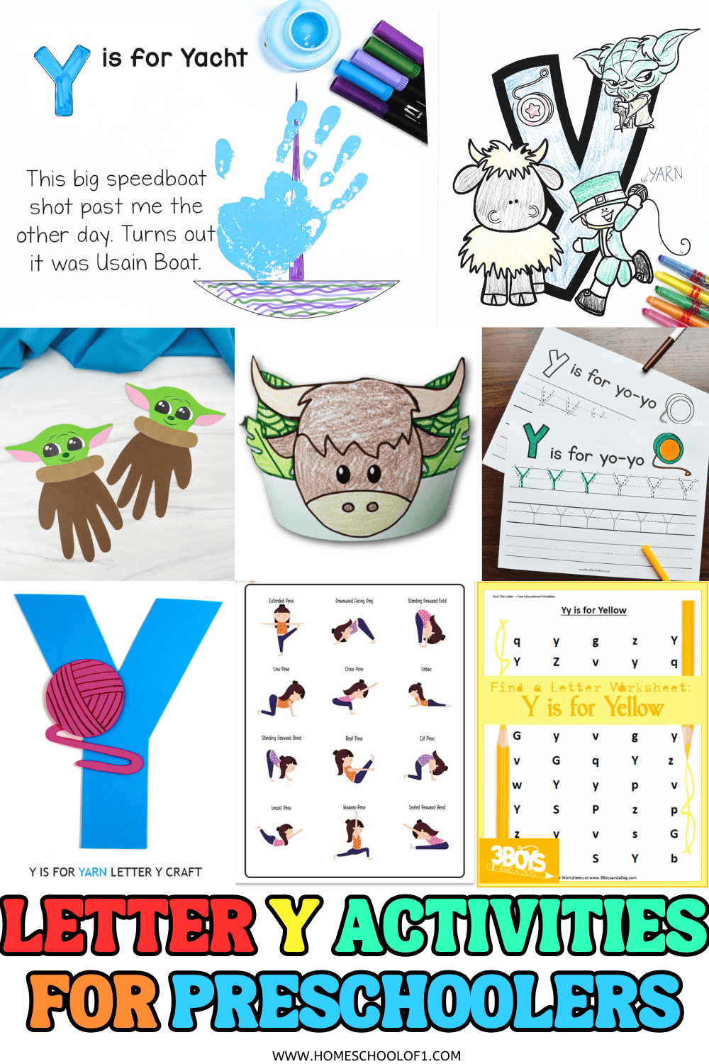 Collage of preschool letter Y activities including a handprint yacht craft, Baby Yoda handprint art, yak headband, yarn craft, yoga pose chart, tracing sheets, and yellow-themed letter hunt worksheet.