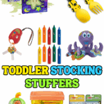 Flat lay of colorful toddler stocking stuffer ideas including toys, crayons, Play-Doh, bath items, and learning gifts.