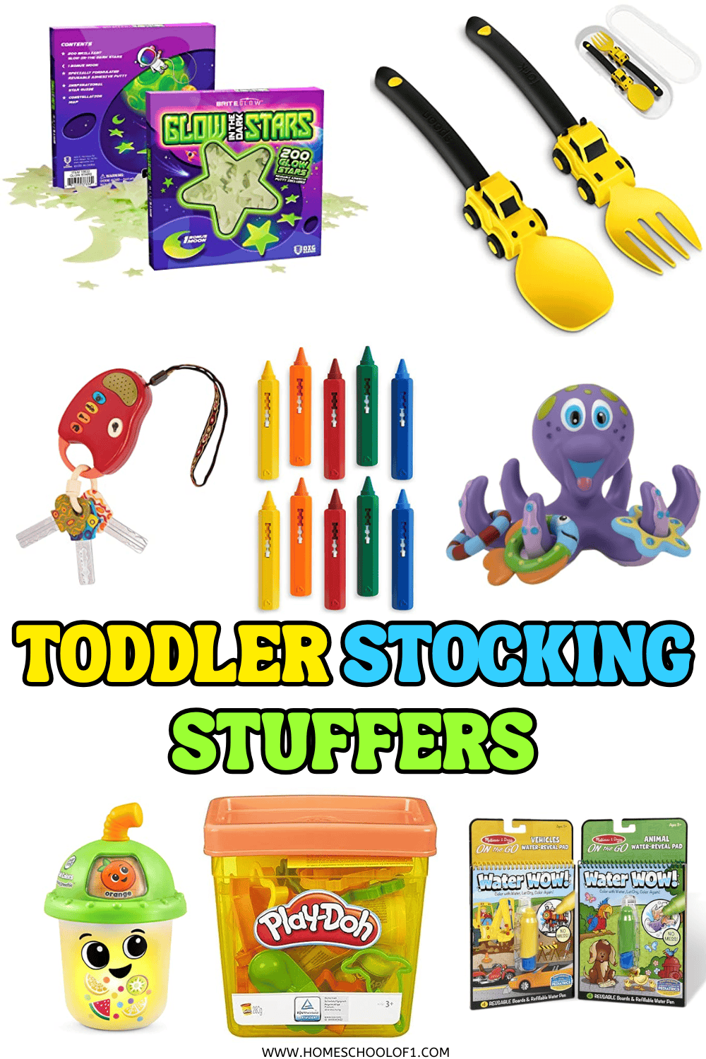 Flat lay of colorful toddler stocking stuffer ideas including toys, crayons, Play-Doh, bath items, and learning gifts.