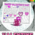 Printable Valentine placemat on a dinner plate with crayons, featuring puzzles, coloring, and Valentine activities for kids