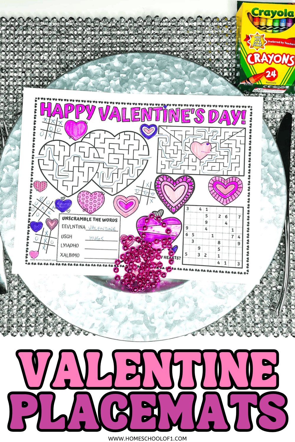 Printable Valentine placemat on a dinner plate with crayons, featuring puzzles, coloring, and Valentine activities for kids
