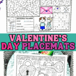 Free printable Valentineโs Day placemats with mazes, word scramble, tic tac toe, Sudoku, and coloring activities for kids