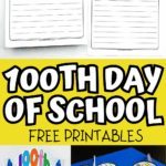 Colorful 100th Day of School activities including hats, glasses, writing prompts, and kindness challenges for kids.