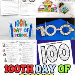 100th Day of School free printables with fun writing prompts, crafts, glasses, and coloring activities for elementary students.