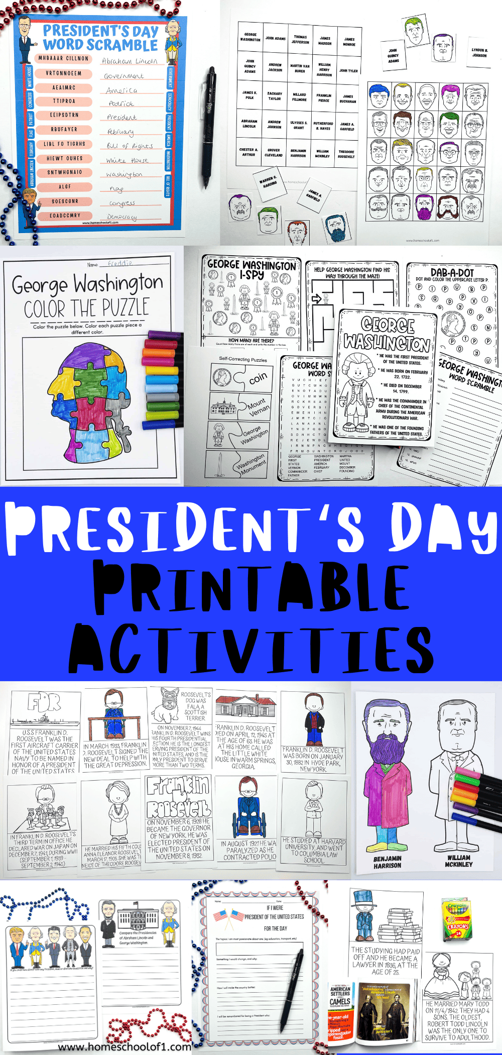 Collage of President's Day printable activities for kids, featuring word scrambles, coloring pages, and educational worksheets about George Washington and other U.S. presidents. The activities include a President's Day word scramble, George Washington color the puzzle, I-Spy, mazes, and historical facts. The title "President's Day Printable Activities" is prominently displayed in a bold, playful font.