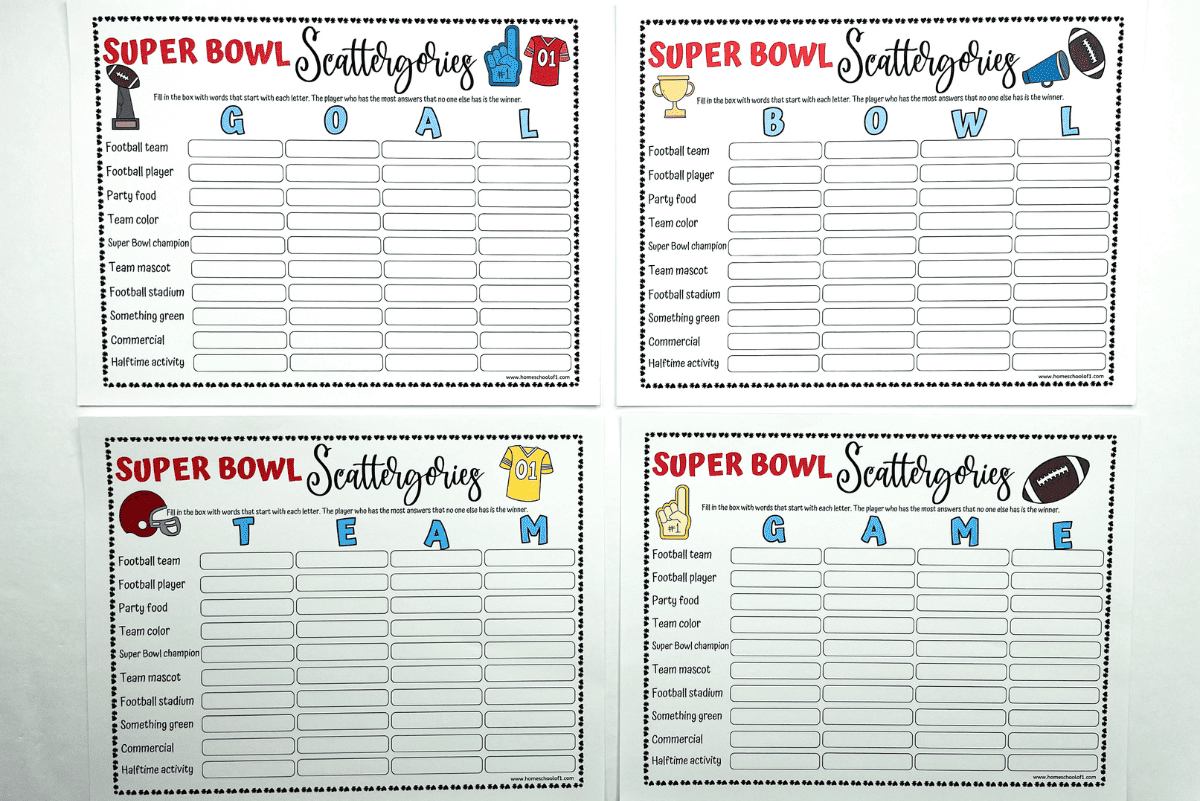 Super Bowl Scattergories free Printable