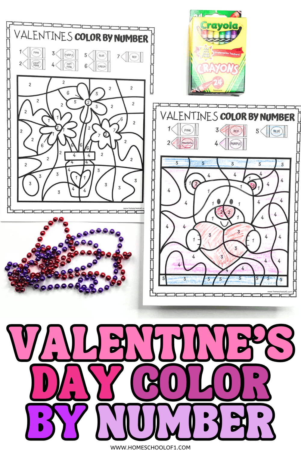 Valentineโs Day color by number pages showing a teddy bear holding a heart and a vase of heart flowers.