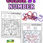 Valentineโs heart color by number worksheets with numbered sections, crayons, and simple heart designs for kids.
