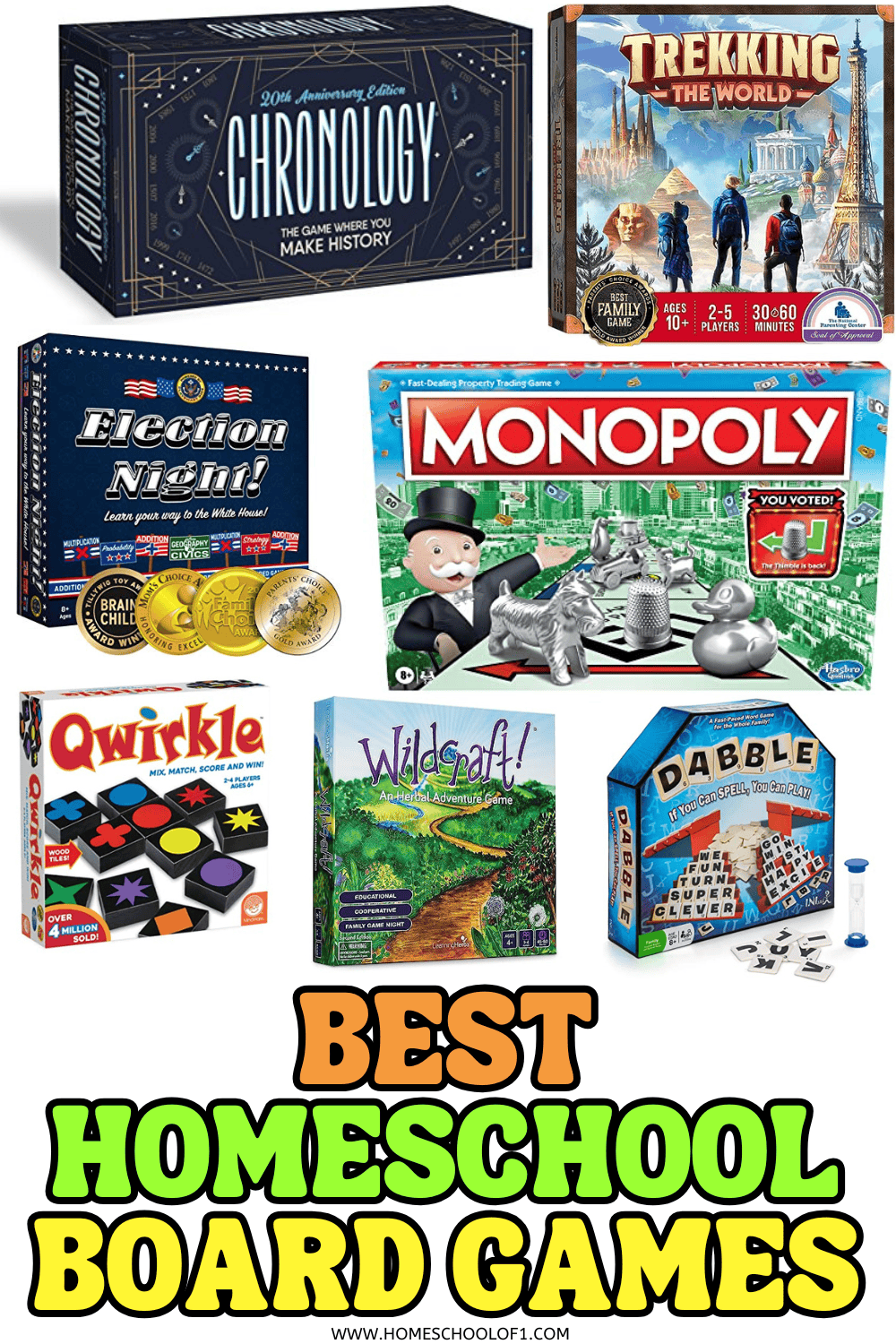 Educational board games for homeschoolers featuring Chronology, Wildcraft, Qwirkle, and other family-friendly learning games.

