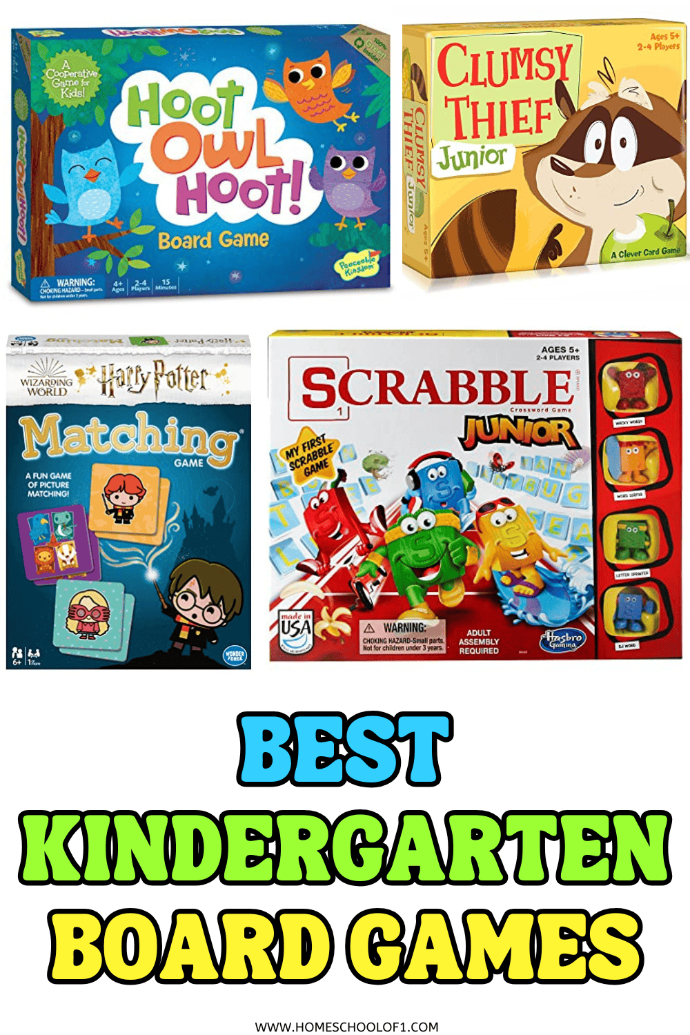 Top kindergarten board games like Hoot Owl Hoot, Scrabble Junior, and Zingo that support early reading and matching skills.

