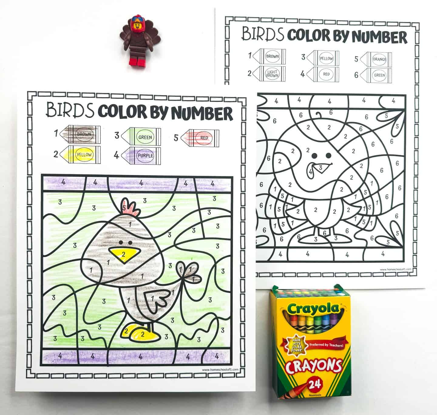 Two bird-themed color-by-number worksheets are shown, one completed and one uncolored. The finished page displays a brown bird with a yellow beak and feet, surrounded by green grass and a purple sky, using crayons coded as brown, yellow, green, purple, and red. A Crayola 24-pack of crayons and a small LEGO-style turkey figure are also included in the image.

