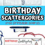 Colorful free printable birthday Scattergories boards with party themes and letter-based categories for kids and families.