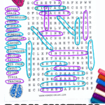 A colorful body systems word search puzzle for kids, featuring anatomy-related terms like "heart," "brain," "femur," and "trachea." Words are listed on the left and highlighted in the grid with blue and purple markers. The title “Body Systems Word Search” appears in multicolored text at the top, alongside cartoon images of a heart and lungs.