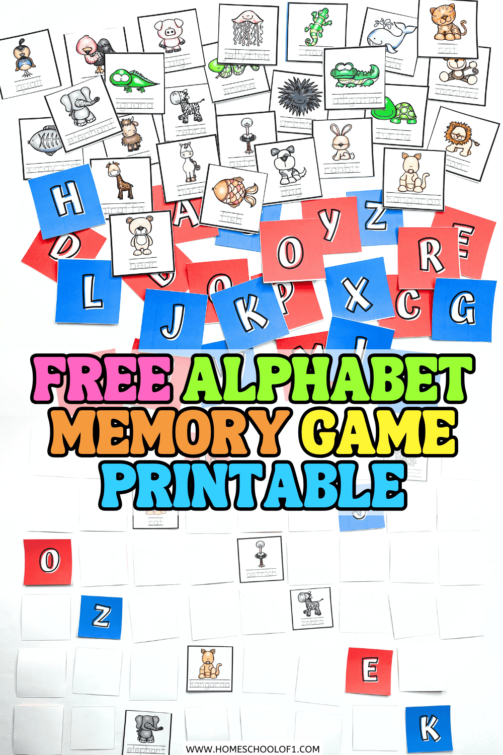 Colorful alphabet memory game printable with red and blue letter cards and matching animal tracing cards arranged on a white table.

