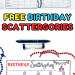 Free birthday Scattergories printable game with four themed cards using words WISH, GIFT, CAKE, and CARD for party fun.
