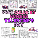 Free Valentineโs Day color by number worksheets featuring hearts, teddy bears, flowers, and simple number coloring for kids.