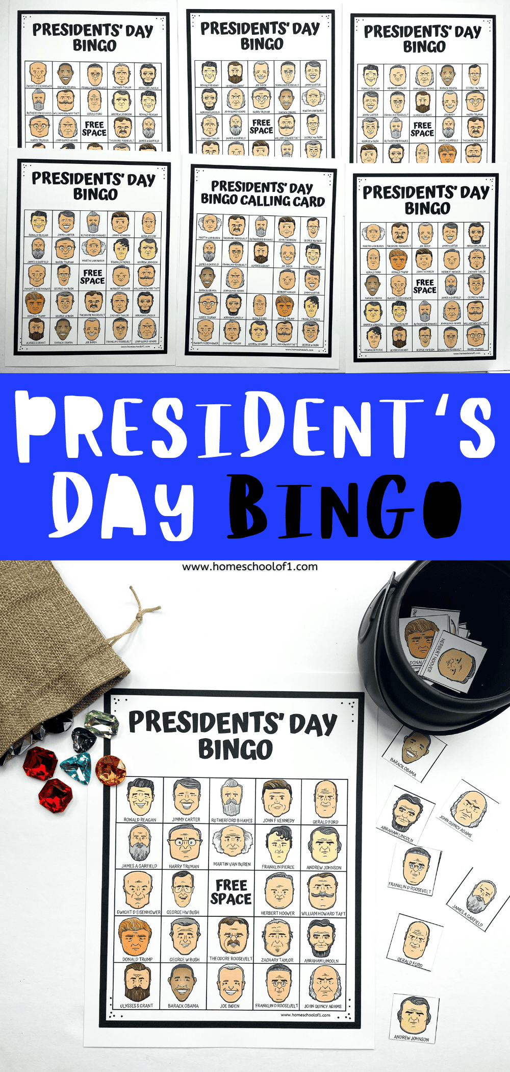 Presidents' Day Bingo game setup with illustrated cards of US presidents, colorful gemstone markers, a drawstring bag, and a bingo calling card, ready for educational play.