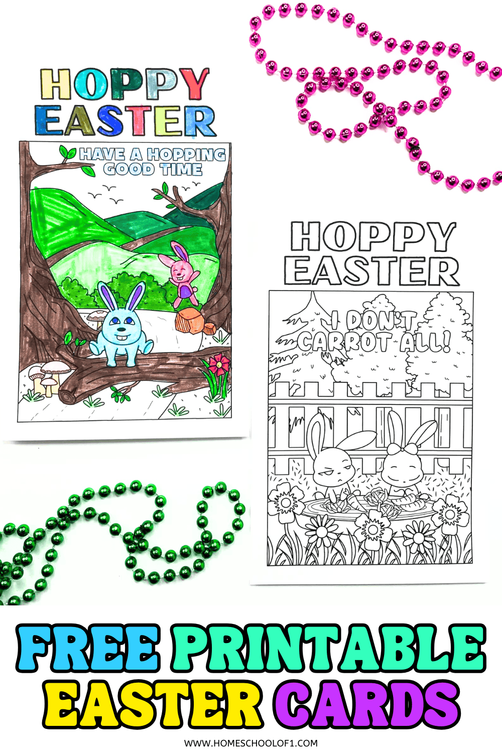 Two free printable Easter cards featuring cute bunny illustrations and funny phrases like โHoppy Easterโ and โI Donโt Carrot All,โ shown colored and black-and-white for kids and teens to color.