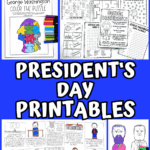 A blue background collage featuring printable Presidents Day worksheets, word games, unit studies, and coloring pages for kids.
