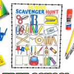 Free printable school scavenger hunt worksheet with fun illustrations of back-to-school items for kids to find.