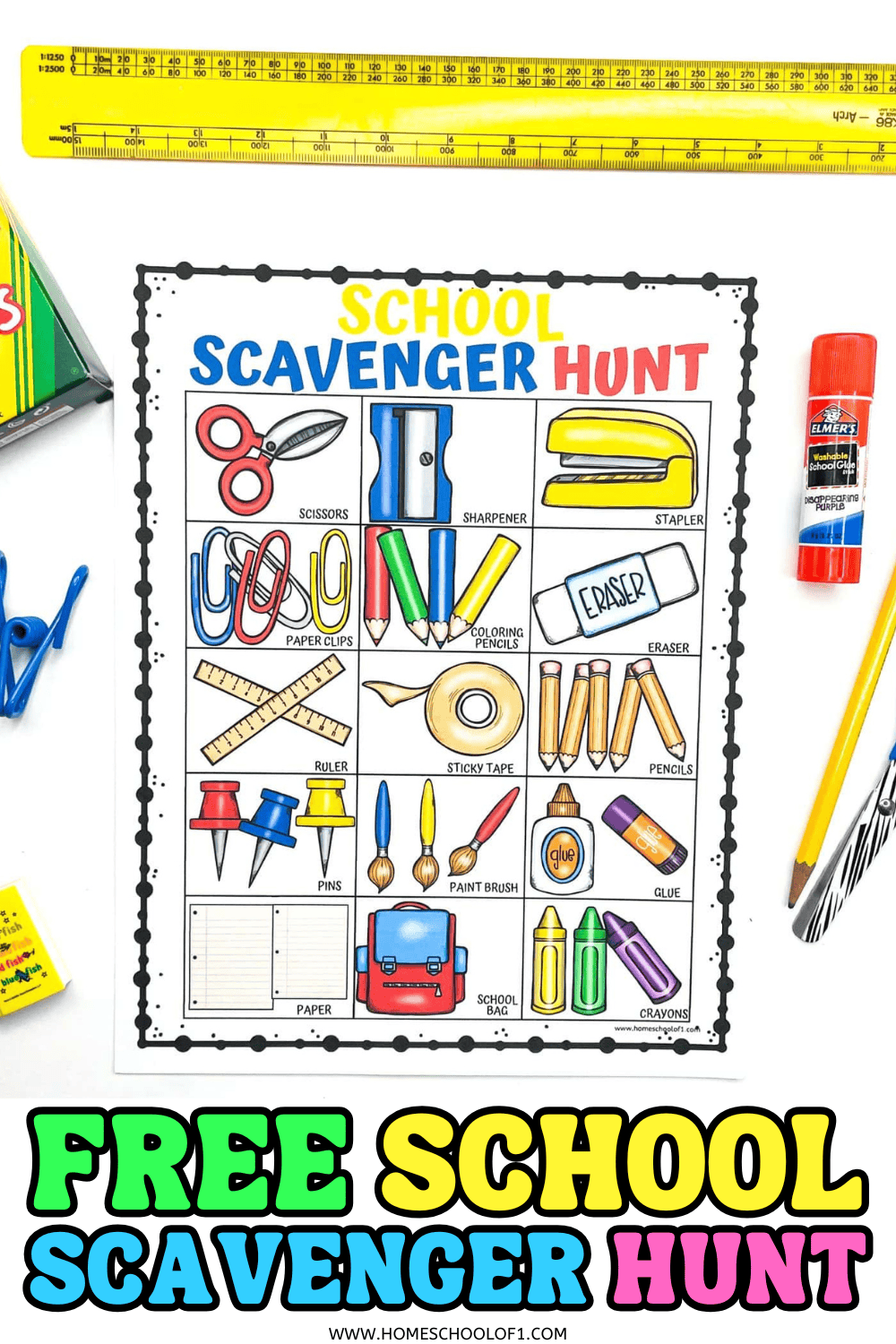 Free printable school scavenger hunt worksheet with fun illustrations of back-to-school items for kids to find.