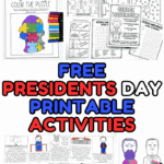 A large collage of printable Presidents Day activities for kids, including word scrambles, memory games, coloring puzzles, and worksheets.