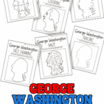 George Washington kindergarten worksheets featuring coloring, tracing, connect the dots, maze, puzzle, and face drawing activities for young learners