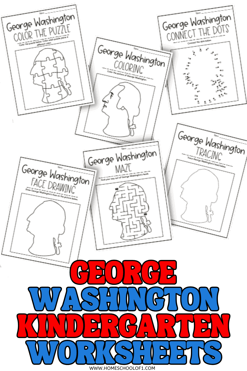 George Washington kindergarten worksheets featuring coloring, tracing, connect the dots, maze, puzzle, and face drawing activities for young learners