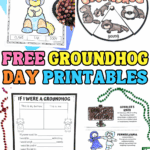 Colorful collage of Groundhog Day printables including anatomy labeling page, life cycle wheel, writing prompt, and history worksheet for kids.